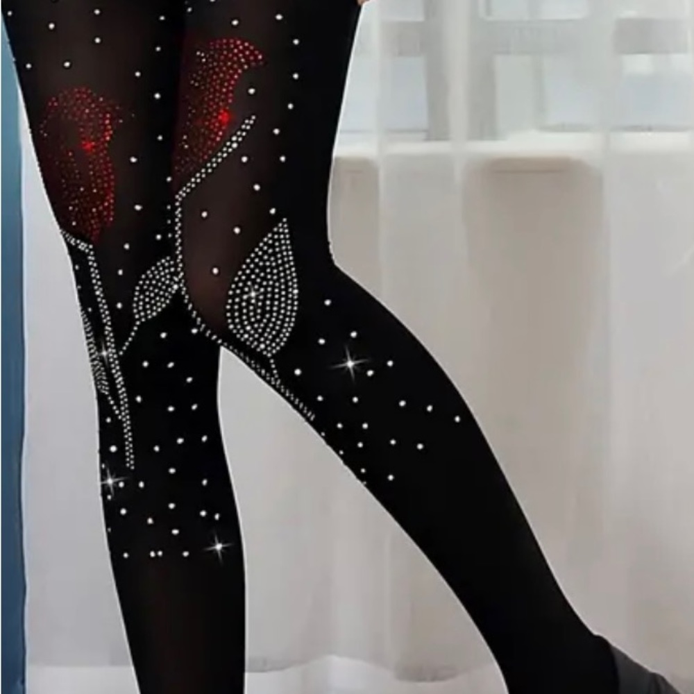 Shiny Rhinestone Rose Petal Footed Tights.